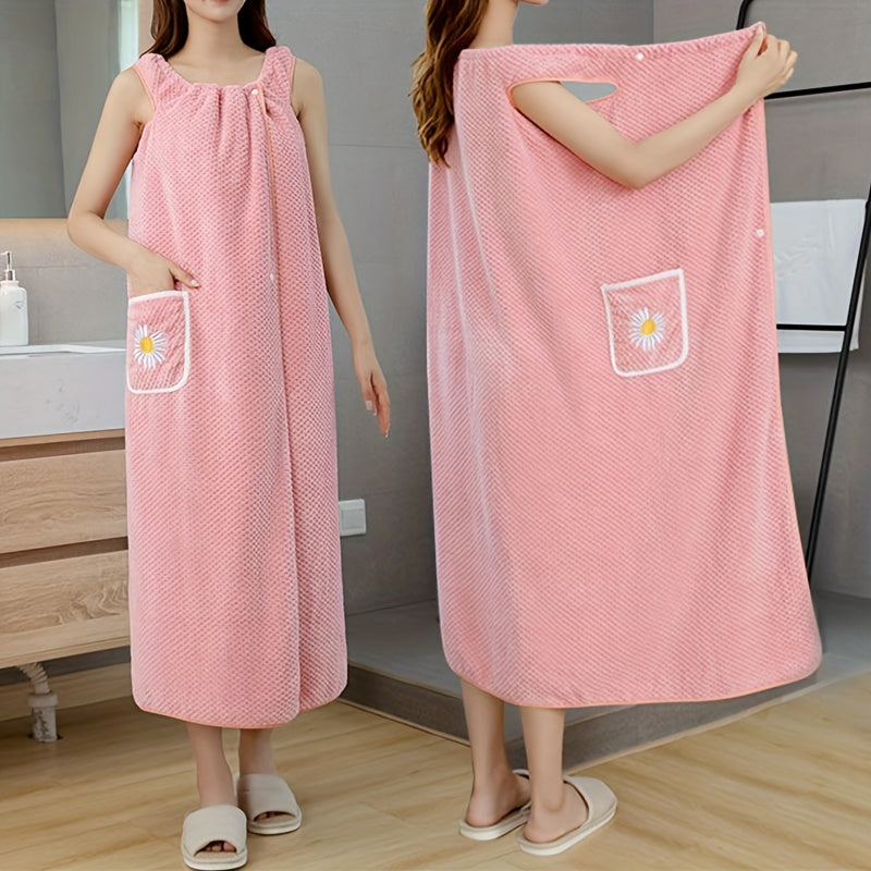 Light Blue Extra-Long Coral Fleece Bath Towel with Daisy Pocket - Super Absorbent, Machine Washable, Soft & Durable for Bathroom Use, Robe Wear | Detailing | Light Blue Coral Fleece